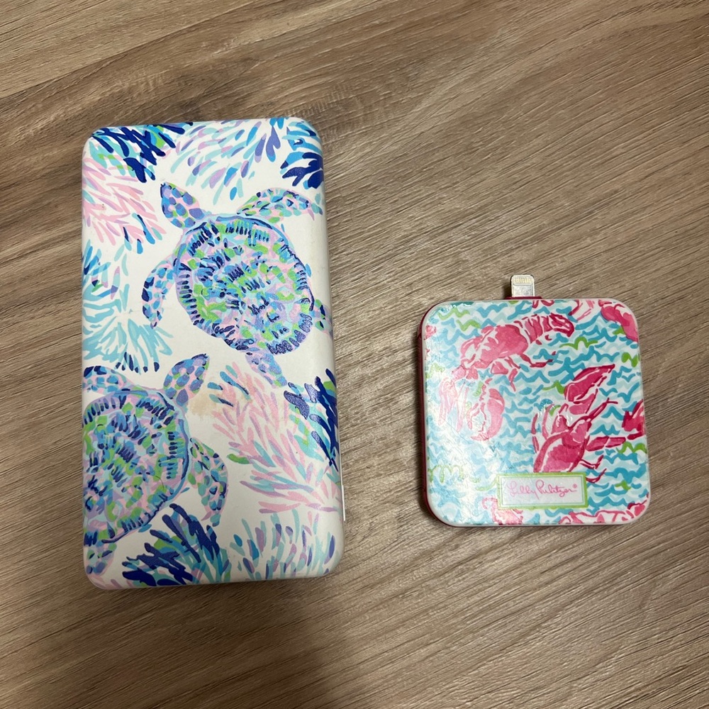 2 Lilly Pulitzer Tech chargers on the go . With cords